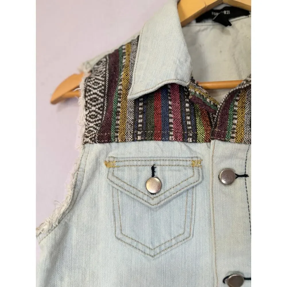 Forever 21 Denim Vest Women Aztec Size S Distressed‎ Frayed Hem Boho Festival